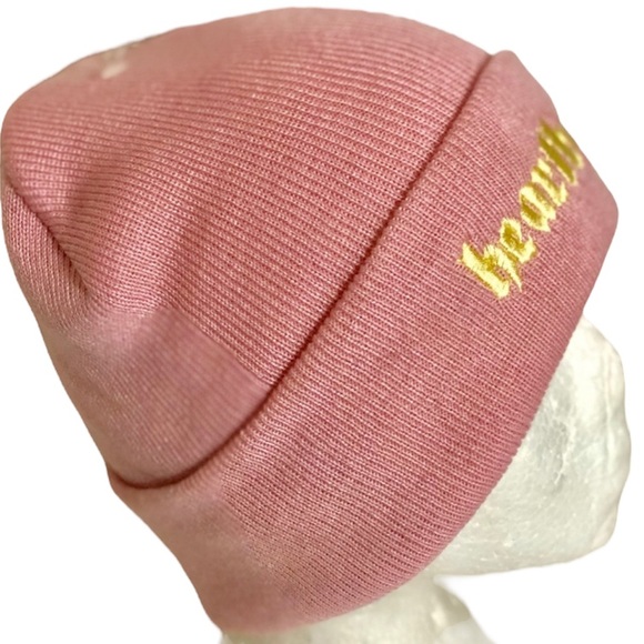 Nasaseasons Heartbreaker Embroidered Knit Beanie Pink Gold Fold Up Brim New! - Picture 4 of 5